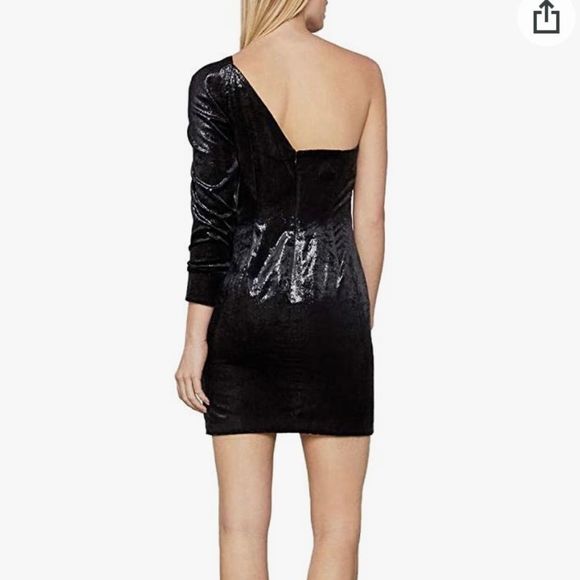 BCBGMAXAZRIA One Shoulder Long Sleeve Shimmer Velvet Mini Dress Black 4 - Picture 9 of 9